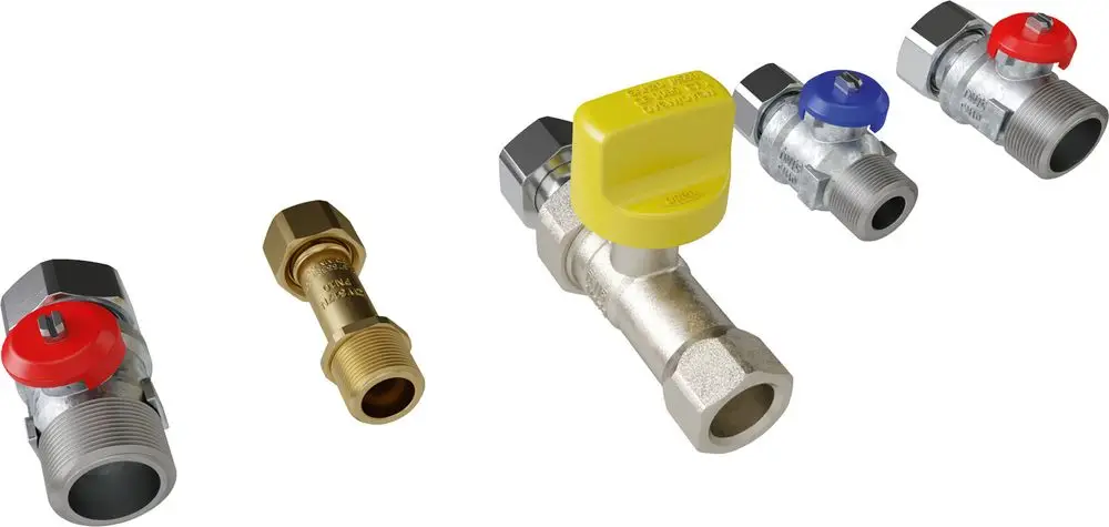 Installationszubehör für Heizsysteme, bestehend aus verschiedenen Ventilen und Anschlussstücken, geeignet für Bosch Produkte.